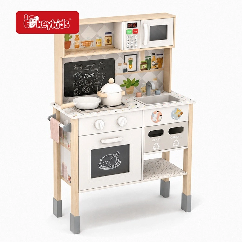 White Wooden Kids Play Kitchen Set With Microwave Oven Sink Stove Chalkboard and Cooking for Children Pretend Role Play W10K066B